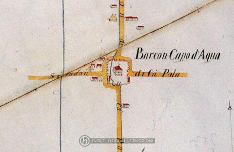Barcon Capo d’Aqua: mappa dell’abitato e dei canali presenti per l’irrigazione agricola. Angelo Prati, 1763.