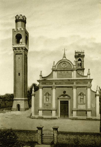 Foto Aurelio Foltran - Cartolina: la chiesa Parrocchiale di Barcon con nuovo campanile. 7-XI-1925