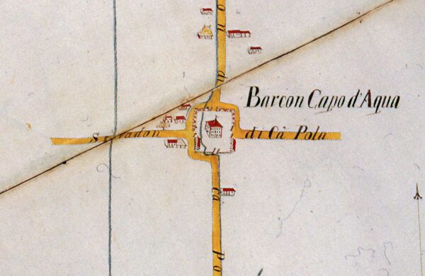 Barcon Capo d’Aqua: mappa dell’abitato e dei canali presenti per l’irrigazione agricola. Angelo Prati, 1763.